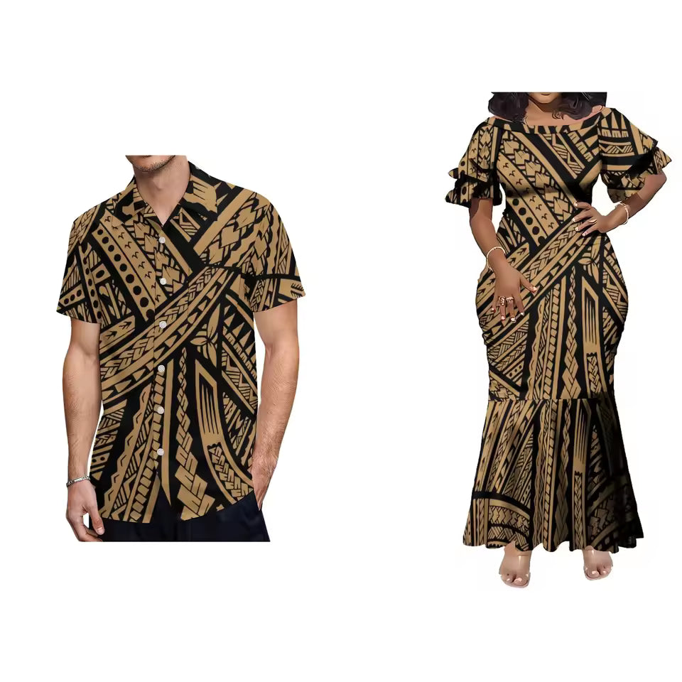 Traditional Polynesian Tribal Brown Pattern Matching Outfit For Couple Island Matching Outfit Short Sleeve Mermaid Long Dress And Hawaii Shirt Couple Set
