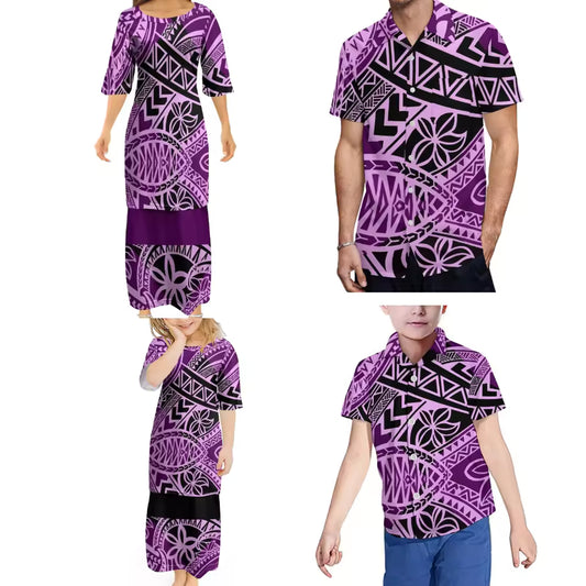 Purple Polynesian Retro Tribal Pattern Ethnic Women's Puletasi Men'S Shirt Adult Children Samoan Matching Outfit For Family Clothing