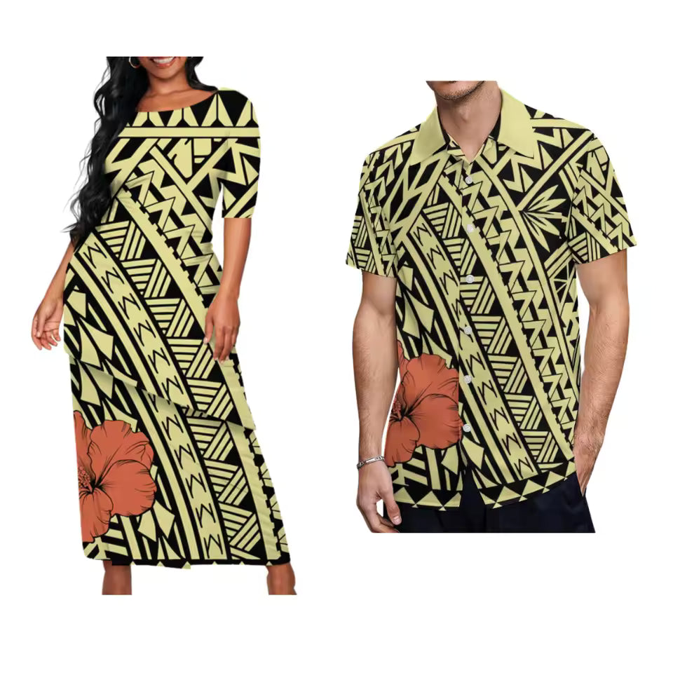 Polynesian Tribal Hibiscus Flowers Pattern Matching Outfit For Couple Puletasi Dress Polynesian Pattern Shirts Couple Set