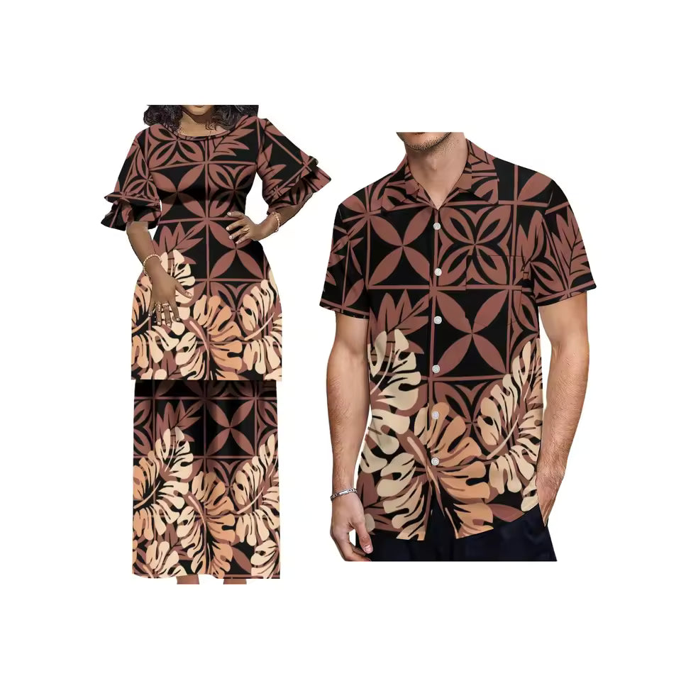 Polynesian Island Printed Tropical Leaf Matching Outfit For Couple Puletasi Double layer Horn Sleeve Dress Couple Set