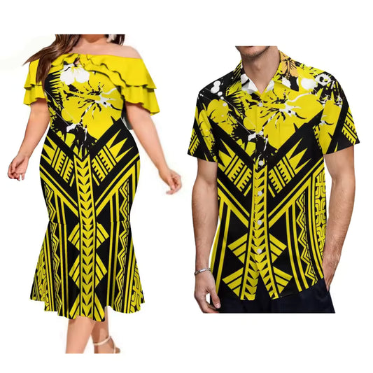 Polynesian Islands Floral Couple Set Printed Ruffled Fishtail Dress And Hawaiian Shirt Matching Ourfit For Couple