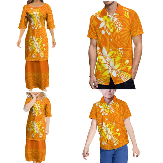 Flowers Polynesian Tribal Pattern Printed Family Set Women's Puletasi Men'S Shirt Adult Children Tropical Matching Outfit For Family Clothing