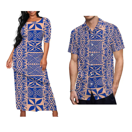 Polynesian Pattern Matching Couple Outfit Traditional Puletasi Dress And Hawaiian Shirts Party Couple Set For Her Him