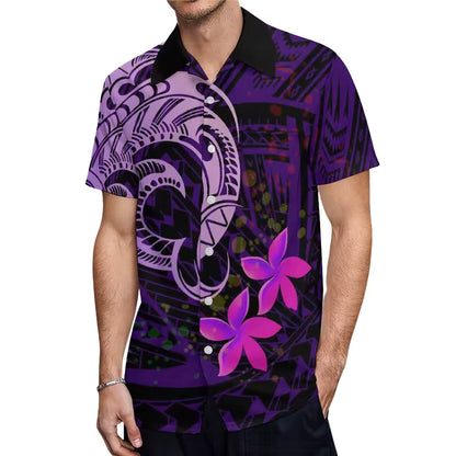 Island Art Plumeria Purple Matching Outfit For Couple Polynesian Dress Summer Puletasi Elegant Set Dress And Hawaiian Shirt Party Dress