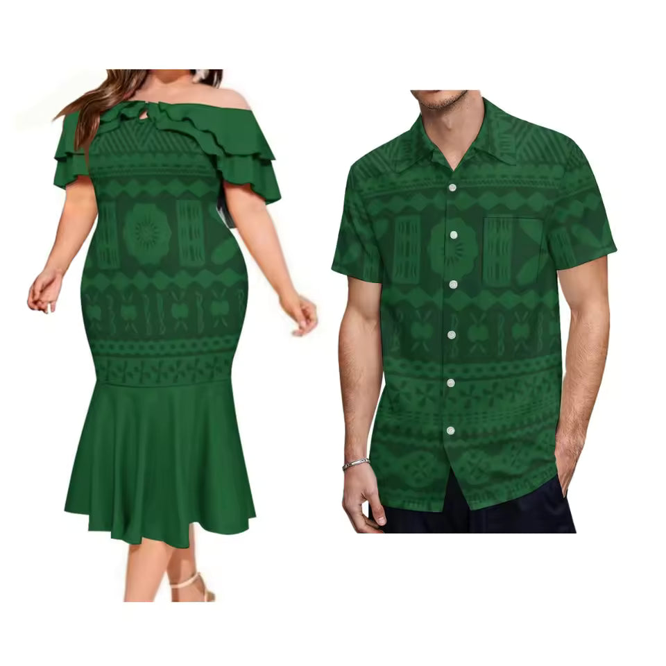 Green Polynesian Tribal Pattern Couple Set Printed Summer Polynesian Ruffled Fishtail Dress And Hawaiian Shirt Matching Ourfit For Couple
