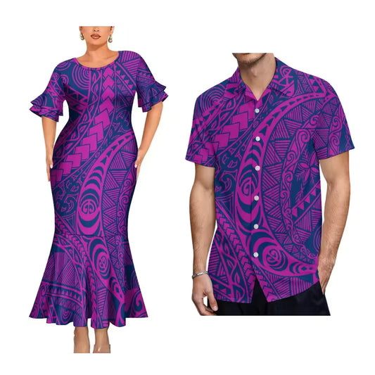 Purple Polynesian Matching Outfit For Couple Polynesian Tribal Printed Short Sleeve Mermaid Long Dress And Hawaiian Shirt