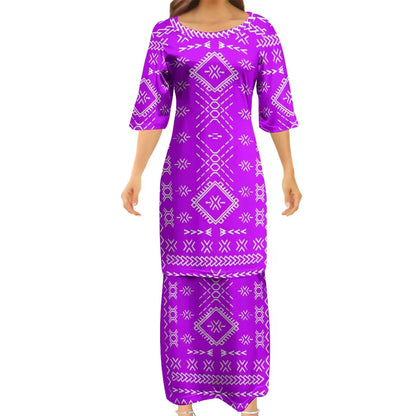 Samoan Purple Puletasi Polynesian Tattoo Pattern Matching Outfit For Couple Women Dresses lady Design Dress Matching Men's Short-Sleeved Shirts Couple Suit