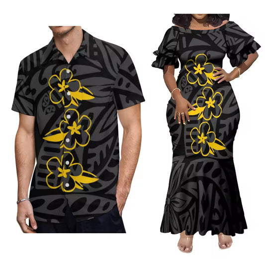 Polynesian Pattern Black Outfit For Couple Women'S Short-Sleeved Dress Party Men's Hawaiian Shirt