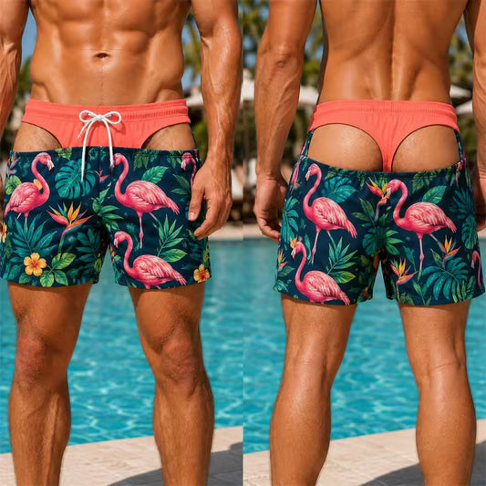 Polynesian Flamingo Pattern Short For Men Funny Tropical Board Short