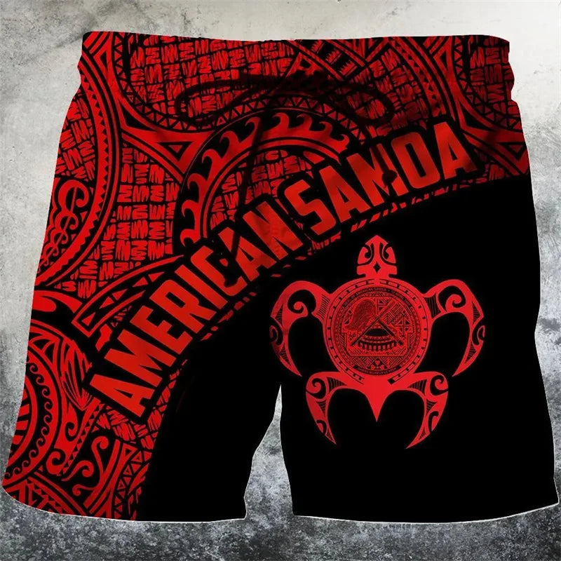 Sea Turtle Short Pants For Men Floral Leaf Plant Pattern American Samoa Red Men Short