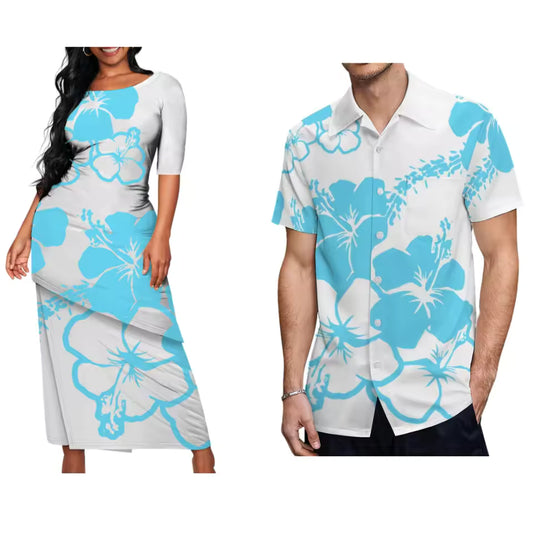 Polynesian Tribal Pattern Printed Couple Matching Outfit Hibiscus Flowers Island Puletasi Dress Two-Piece Suit With Men's Shirt Matching Set