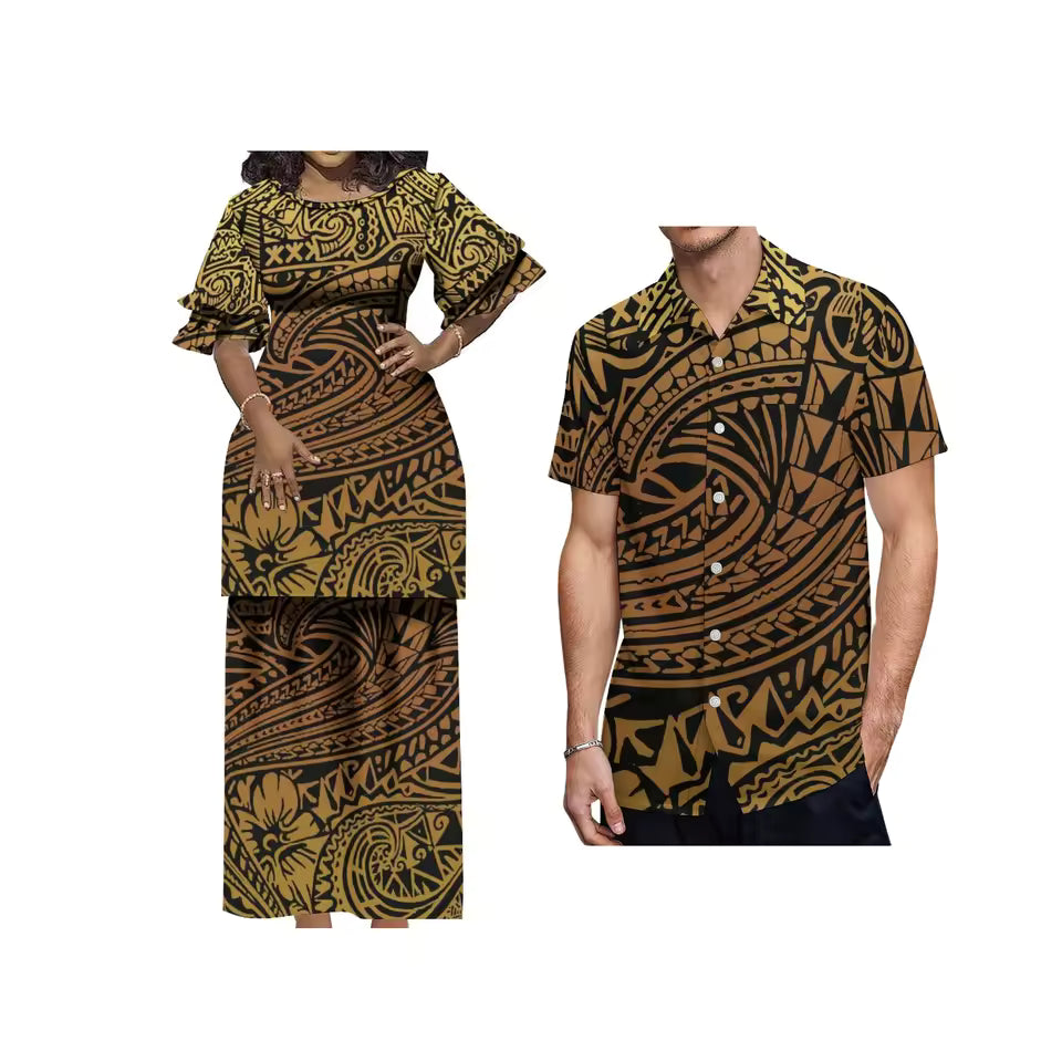 Polynesian Tribal Floral Printed Matching Outfit For Her Him Polynesian Tribal Crewneck Casual Island Puletasi Double layer Horn Sleeve Dress and Hawaii Shirt
