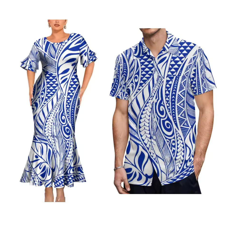 Blue Polynesian Printed Couple Matching Outfit Polynesian Tribal Island Short Sleeve Mermaid Long Dress And Hawaiian Shirt Outfit Set