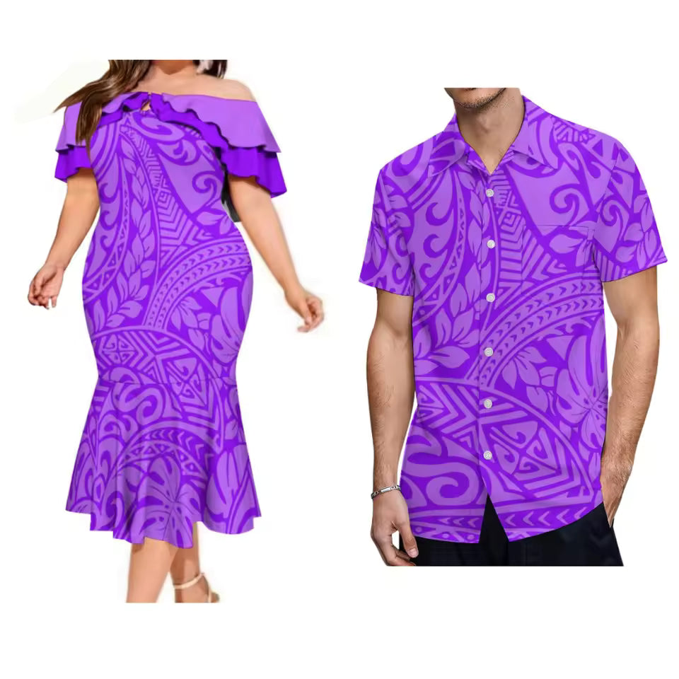 Polynesian Tribe Purple Fishtail Dress Matching Outfit For Couple Polynesian Pattern Printed Dress And Hawaiian Shirt Outfit Set
