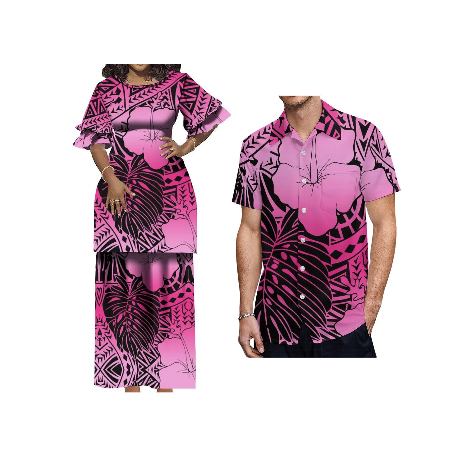Tropical Flowers Polynesian Tribal Pattern Pink Matching Outfit For Her Him Polynesian Tribal Crewneck Casual Island Puletasi Double layer Horn Sleeve Dress and Hawaii Shirt
