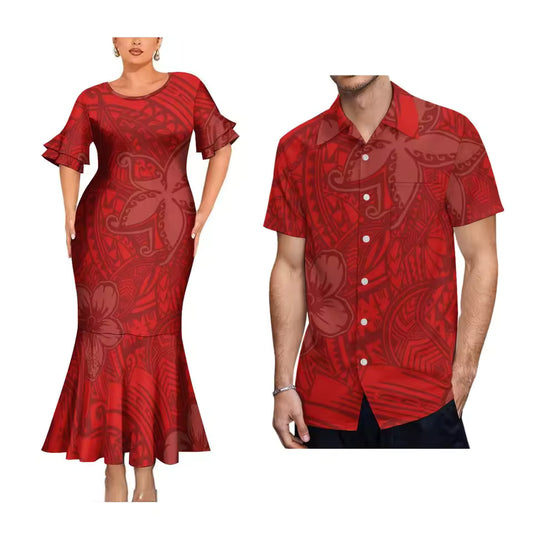 Polynesian Flowers Pattern Red Matching Outfit For Couple Polynesian Tribal Printed Short Sleeve Mermaid Long Dress And Hawaiian Shirt