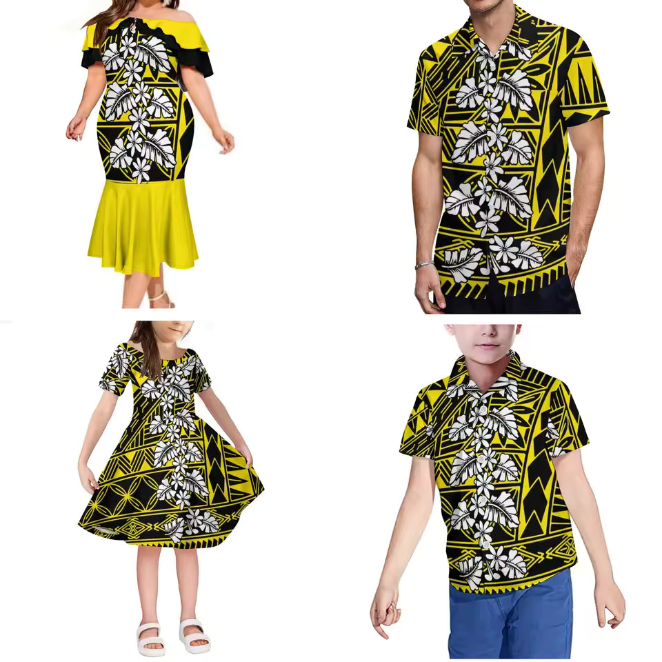 Yellow Polynesian Pattern Matching Outfit For Family Hawaii Ethnic Style Dress Ruffled Long Dress And Hawaiian Shirt For Him