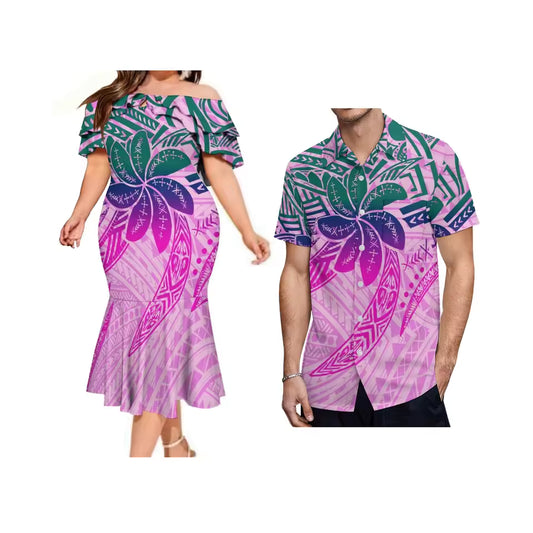 Polynesian Tribal Pattern Matching Outfit For Couple Polynesian Flowers Printed Ruffled Fishtail Dress And Hawaiian Shirt Set