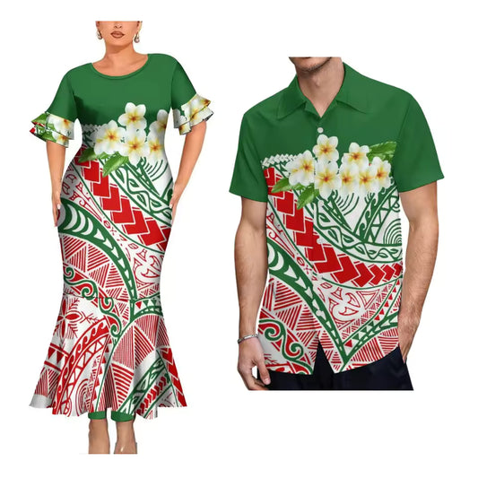 Polynesian Plumeria Flower Green Matching Outfit For Couple Polynesian Short Sleeve Mermaid Long Dress And Hawaiian Shirt