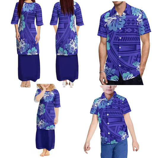 Purple Flowers Pacific Island Design Samoan Women'S Crew Neck Dress Puletasi Suit And Men'S Shirt Boys Girls Dress Matching Outfit For Family