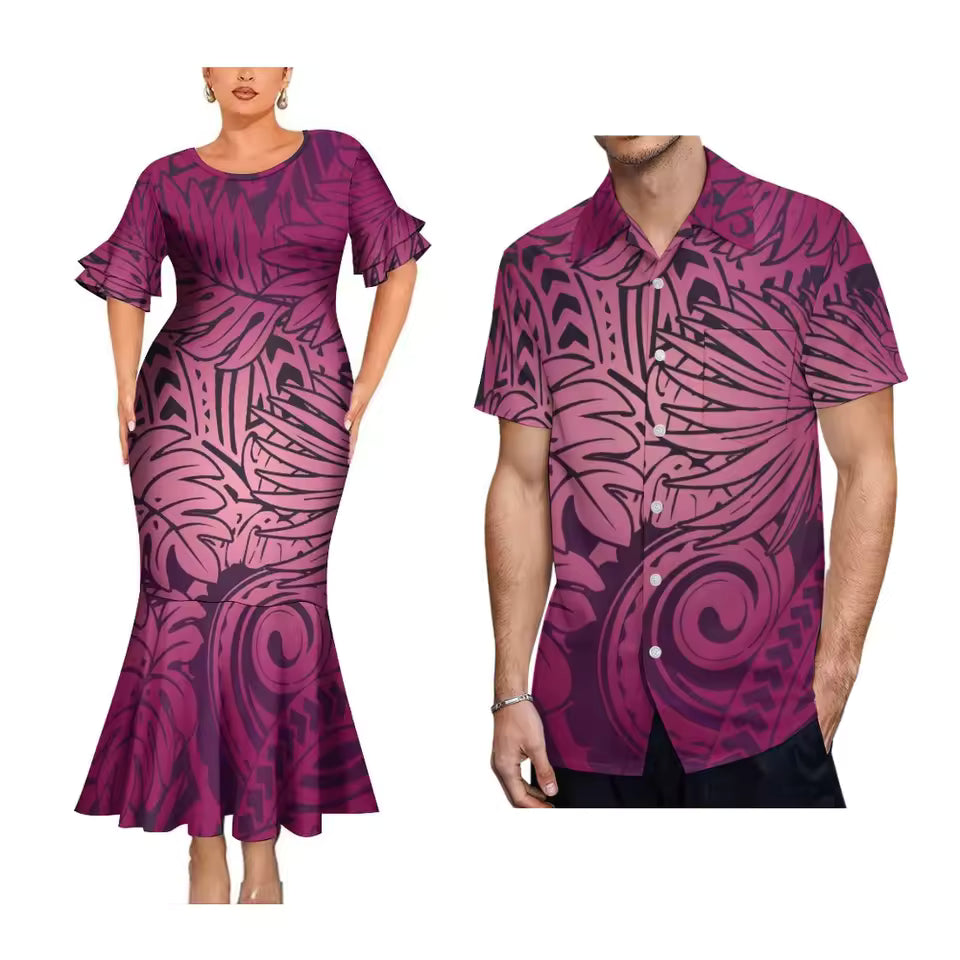 Polynesian Tropical Pattern Couple Matching Outfit Polynesian Tribal Printed Short Sleeve Mermaid Long Dress And Hawaiian Shirt