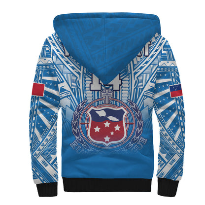 (Custom Text And Number) Samoa Rugby Sherpa Hoodie Personalise Toa Samoa Polynesian Pacific Blue Version