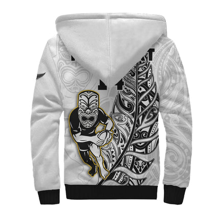 (Custom Text And Number) New Zealand Silver Fern Rugby Sherpa Hoodie All Black Maori Version White
