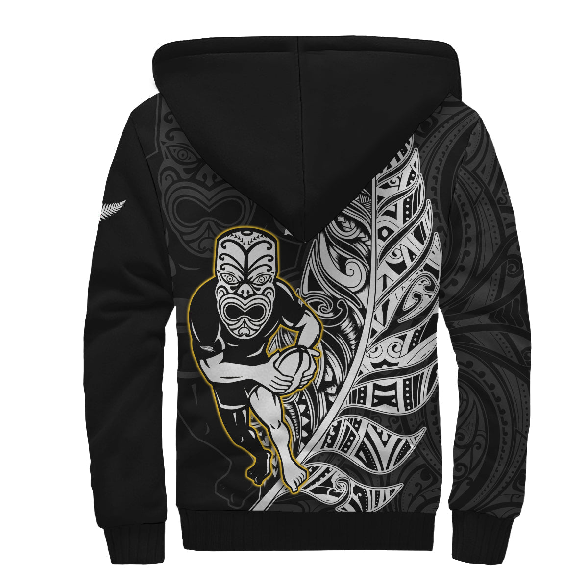 New Zealand Silver Fern Rugby Sherpa Hoodie All Black Maori Version Black