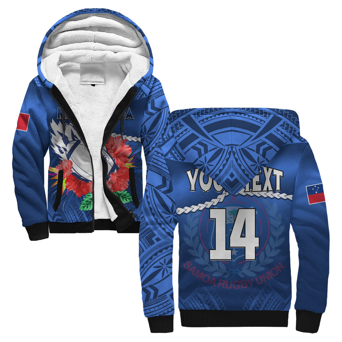 (Custom Text And Number) Samoa Rugby Sherpa Hoodie Manu Samoa Polynesian Hibiscus Blue Style
