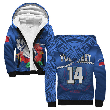 (Custom Text And Number) Samoa Rugby Sherpa Hoodie Manu Samoa Polynesian Hibiscus Blue Style