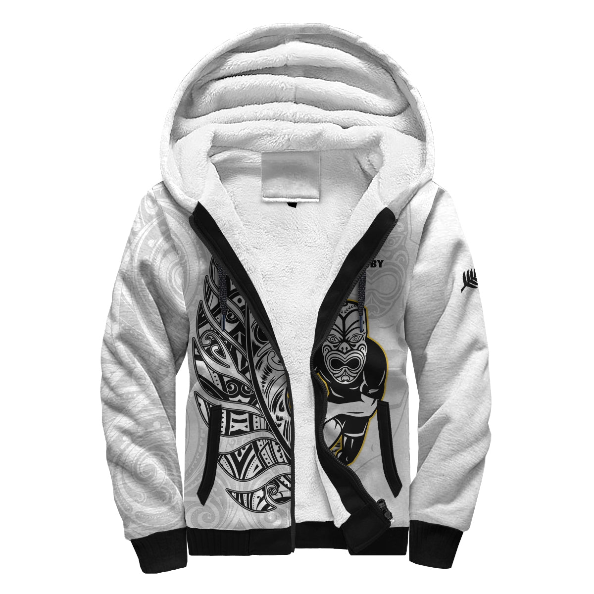 (Custom Text And Number) New Zealand Silver Fern Rugby Sherpa Hoodie All Black Maori Version White