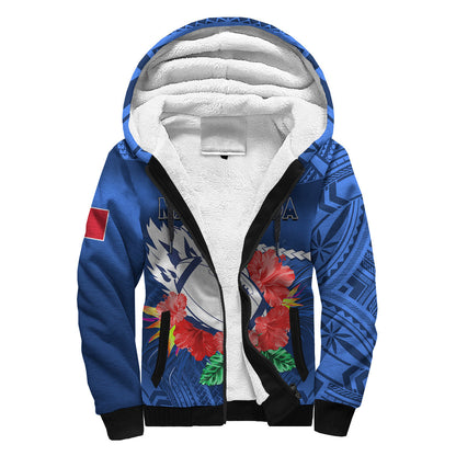 (Custom Text And Number) Samoa Rugby Sherpa Hoodie Manu Samoa Polynesian Hibiscus Blue Style