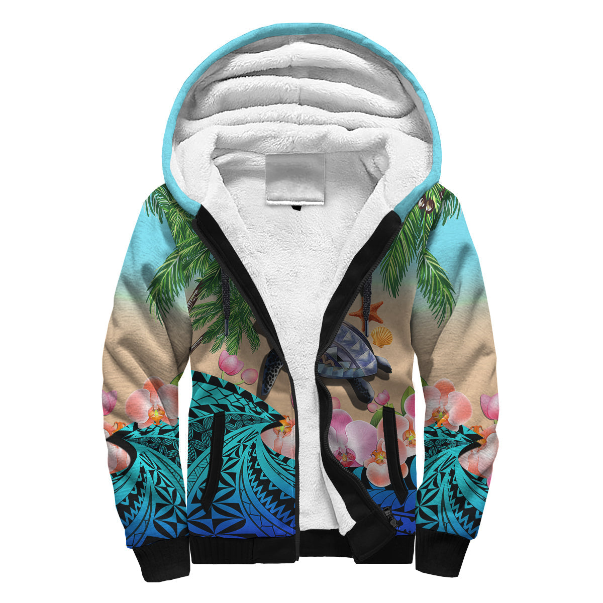 (Custom Personalised) Polynesian Turtle Coconut Tree And Orchids Sherpa Hoodie