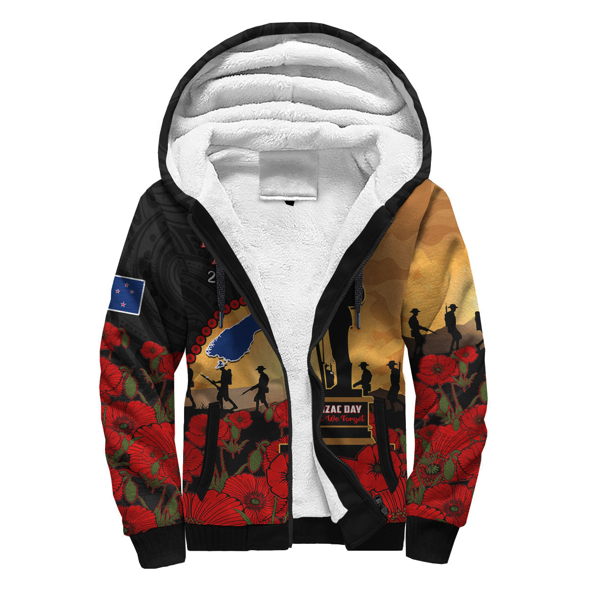 New Zealand Anzac Sherpa Hoodie Maori Camouflage Mix Poppies We Will Remember Them