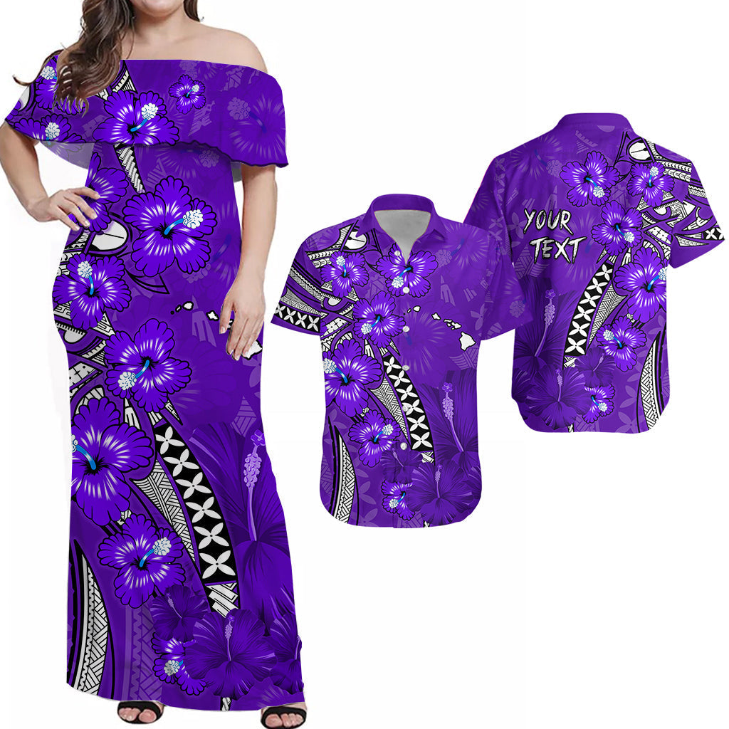 (Custom Personalised) His And Hers Hawaii Matching Clothing Combo Polynesia Purple Hibiscus and Map Mystical Dress and Hawaiian Shirt