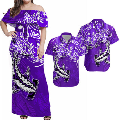 (Custom Personalised) Hawaii Matching Couple Outfits For Vacation Sea Turtle Honu and Hammerhead Shark Dress and Hawaiian Shirt Purple