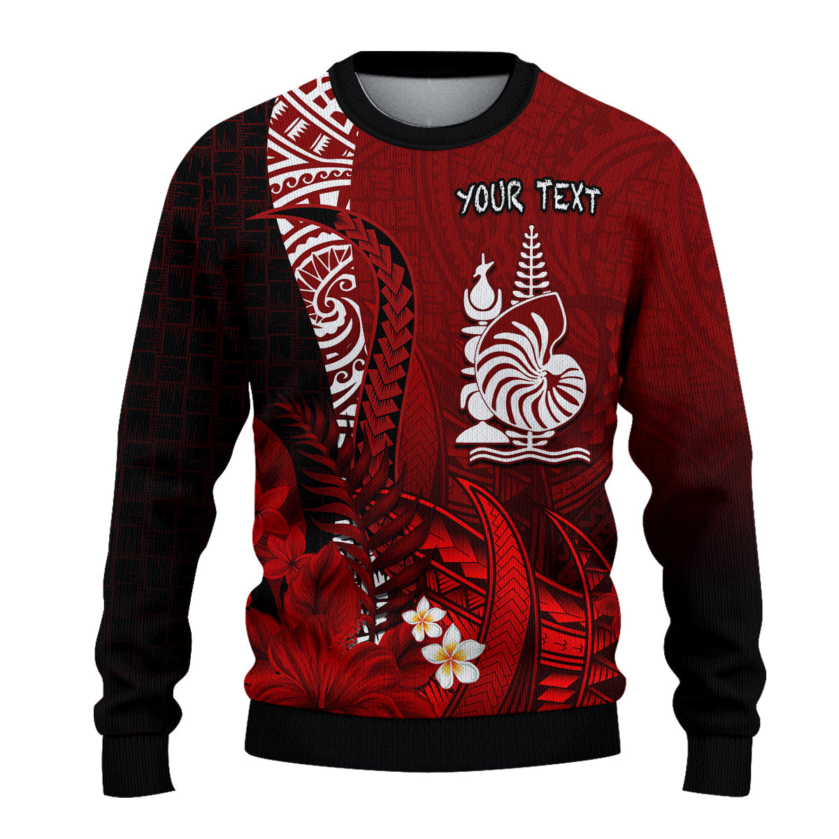 Custom Personalised New Caledonia Sweater Nautilus Red Polynesian Hibiscus