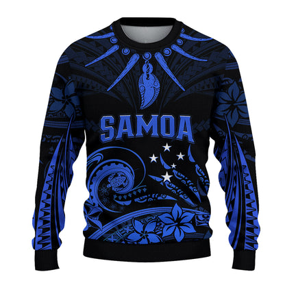 Custom Personalised Samoa Tatau Sweater Blue Polynesian Ula Nifo