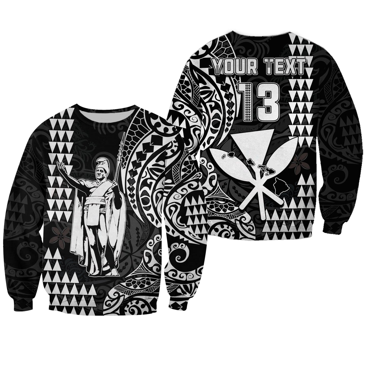 Custom Text and Number Hawaii Day Kakau Sweatshirt Proud To Be Hawaiian Black King Kamehameha and Kanaka Maoli