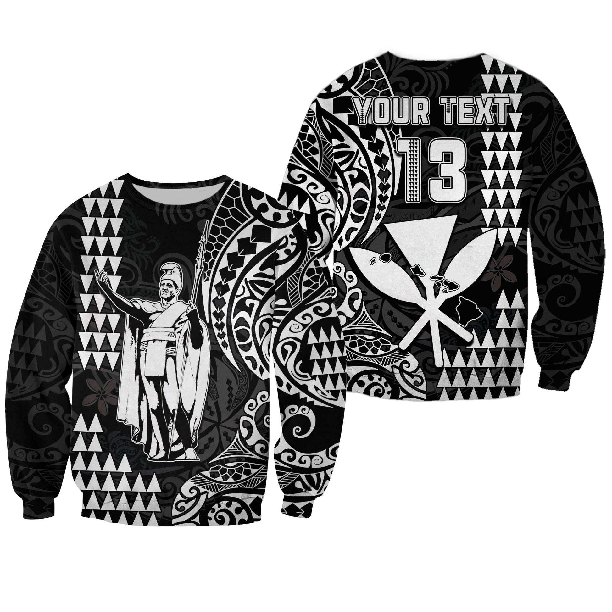 Custom Text and Number Hawaii Day Kakau Sweatshirt Proud To Be Hawaiian Black King Kamehameha and Kanaka Maoli