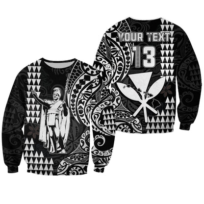 Custom Text and Number Hawaii Day Kakau Sweatshirt Proud To Be Hawaiian Black King Kamehameha and Kanaka Maoli