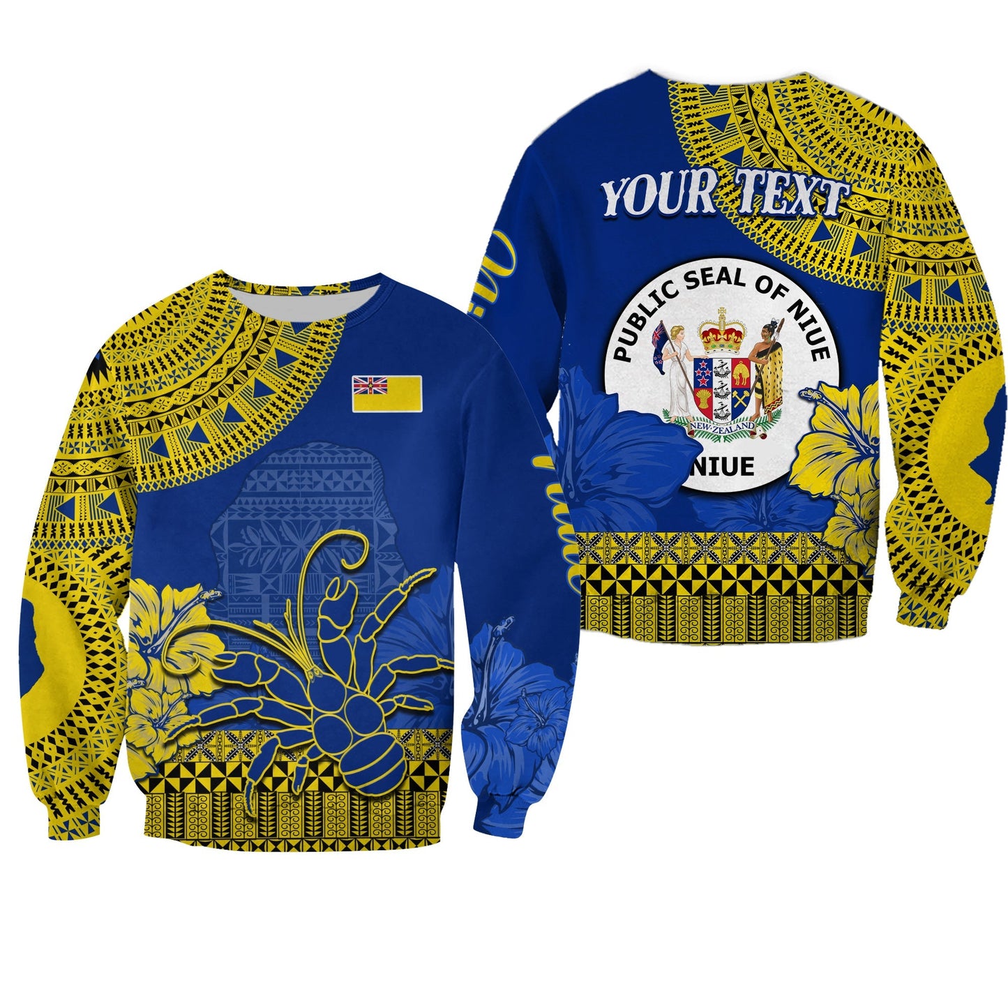 Custom Personalised Niue Hiapo Sweatshirt Rock of Polynesia Tapa Niuean Crab Happy Day