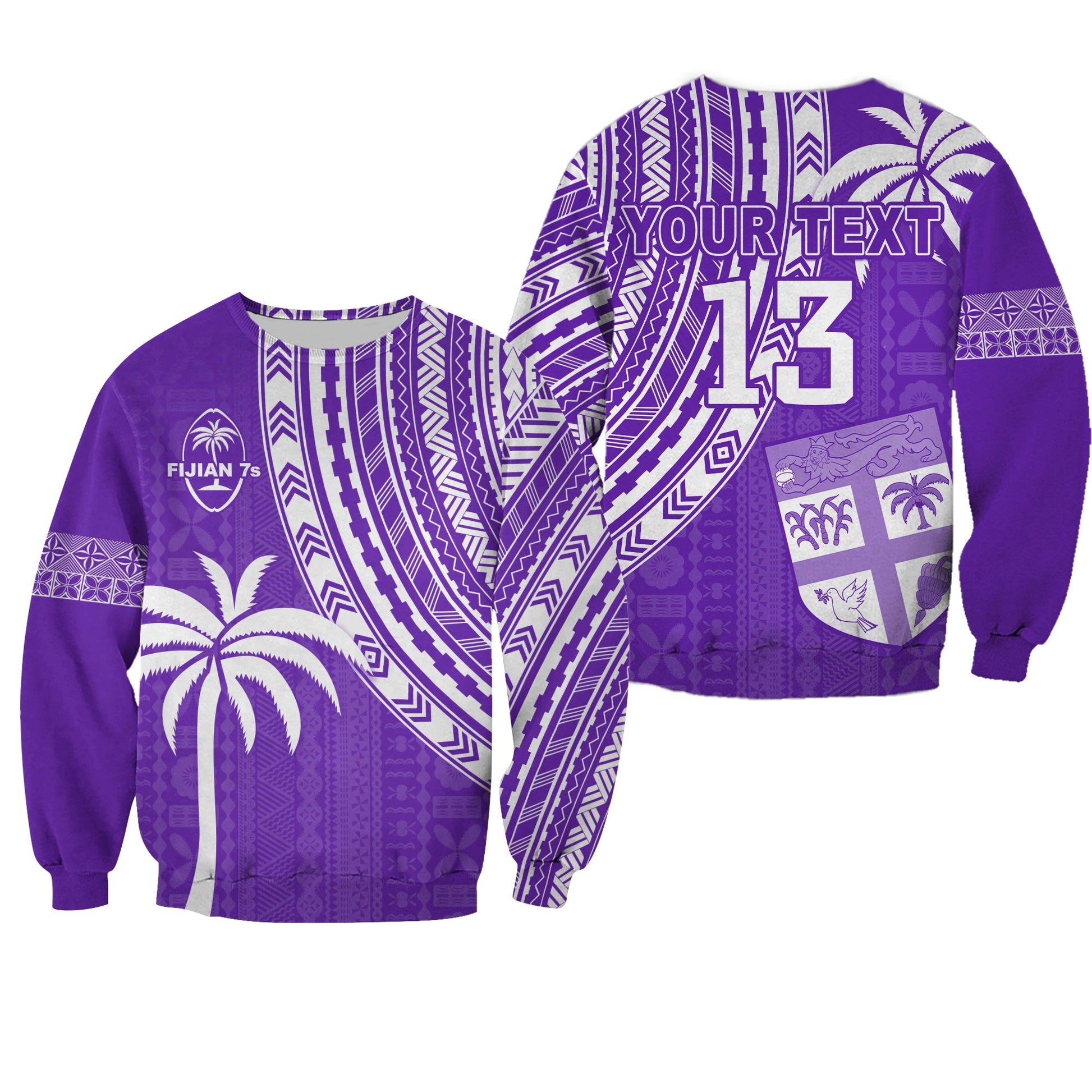 Custom Text and Number Fiji Rugby Sevens Sweatshirt Fijian 7s Tapa Polynesian Purple