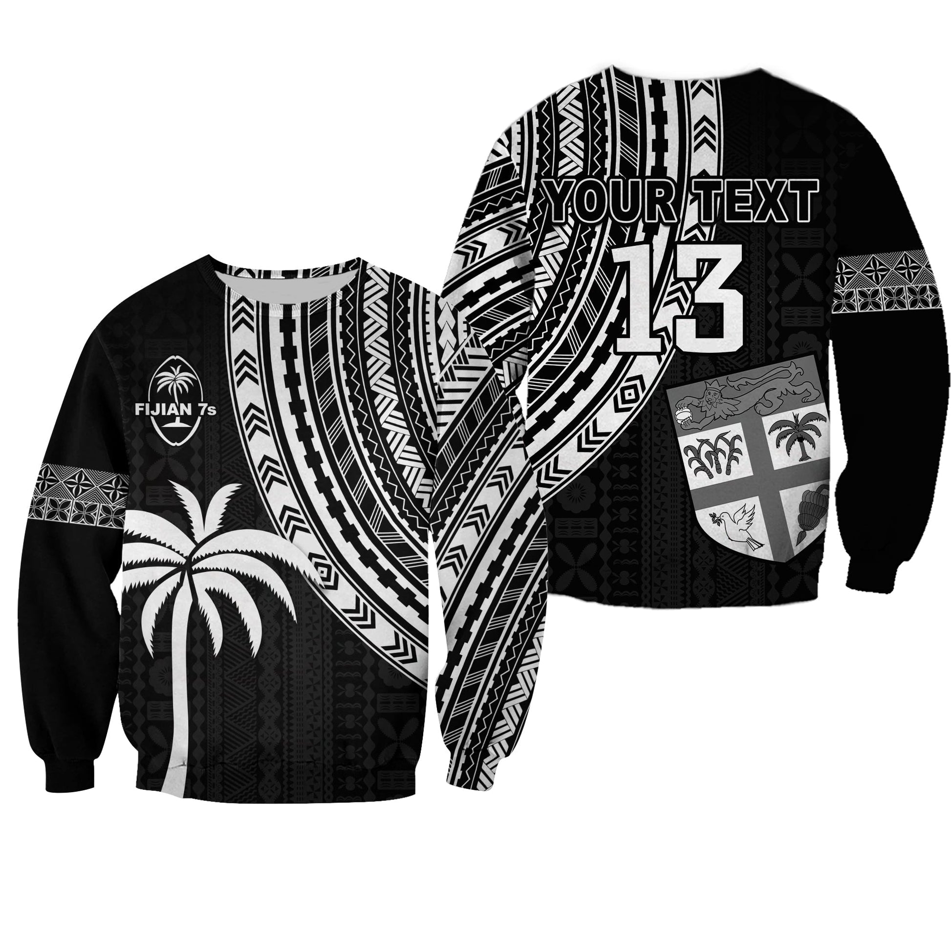 Custom Text and Number Fiji Rugby Sevens Sweatshirt Fijian 7s Tapa Polynesian