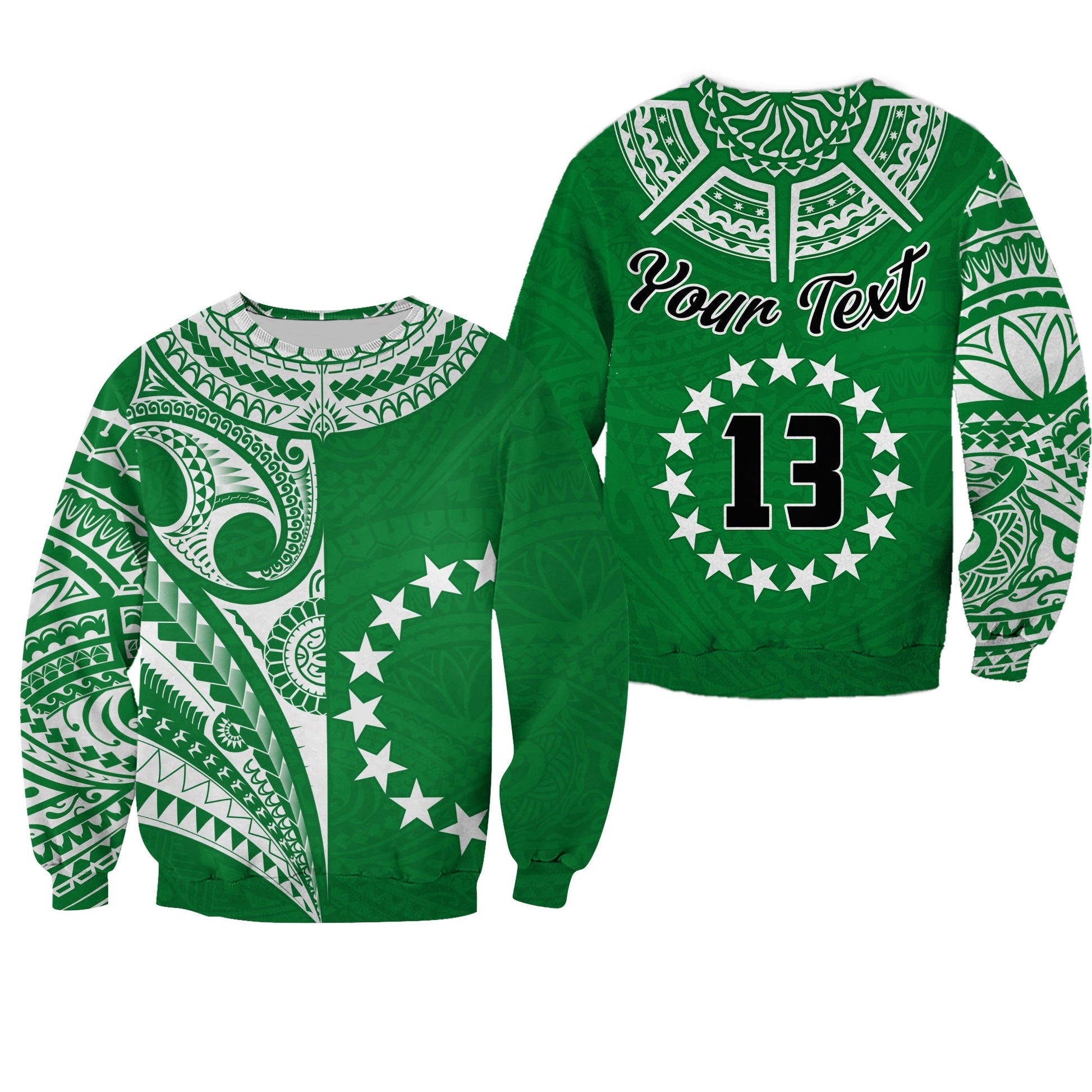 Custom Text and Number Cook Islands Tatau Sweatshirt Symbolize Passion Stars Version Green