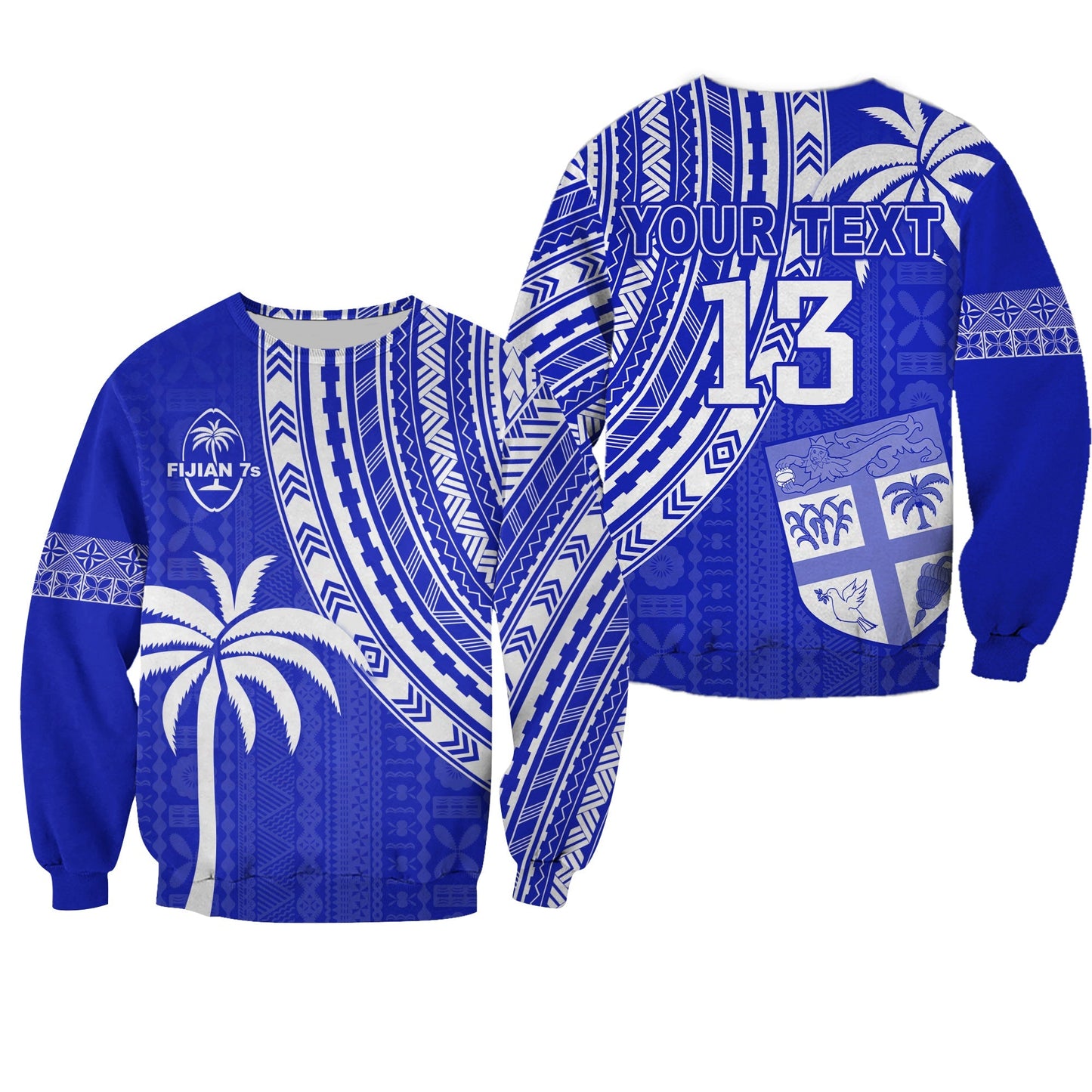 Custom Text and Number Fiji Rugby Sevens Sweatshirt Fijian 7s Tapa Polynesian Blue Ver.02