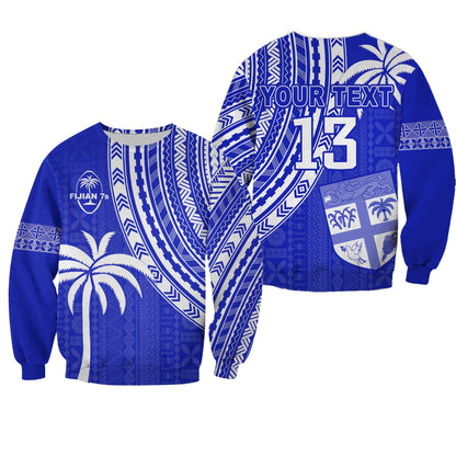 Custom Text and Number Fiji Rugby Sevens Sweatshirt Fijian 7s Tapa Polynesian Blue Ver.02
