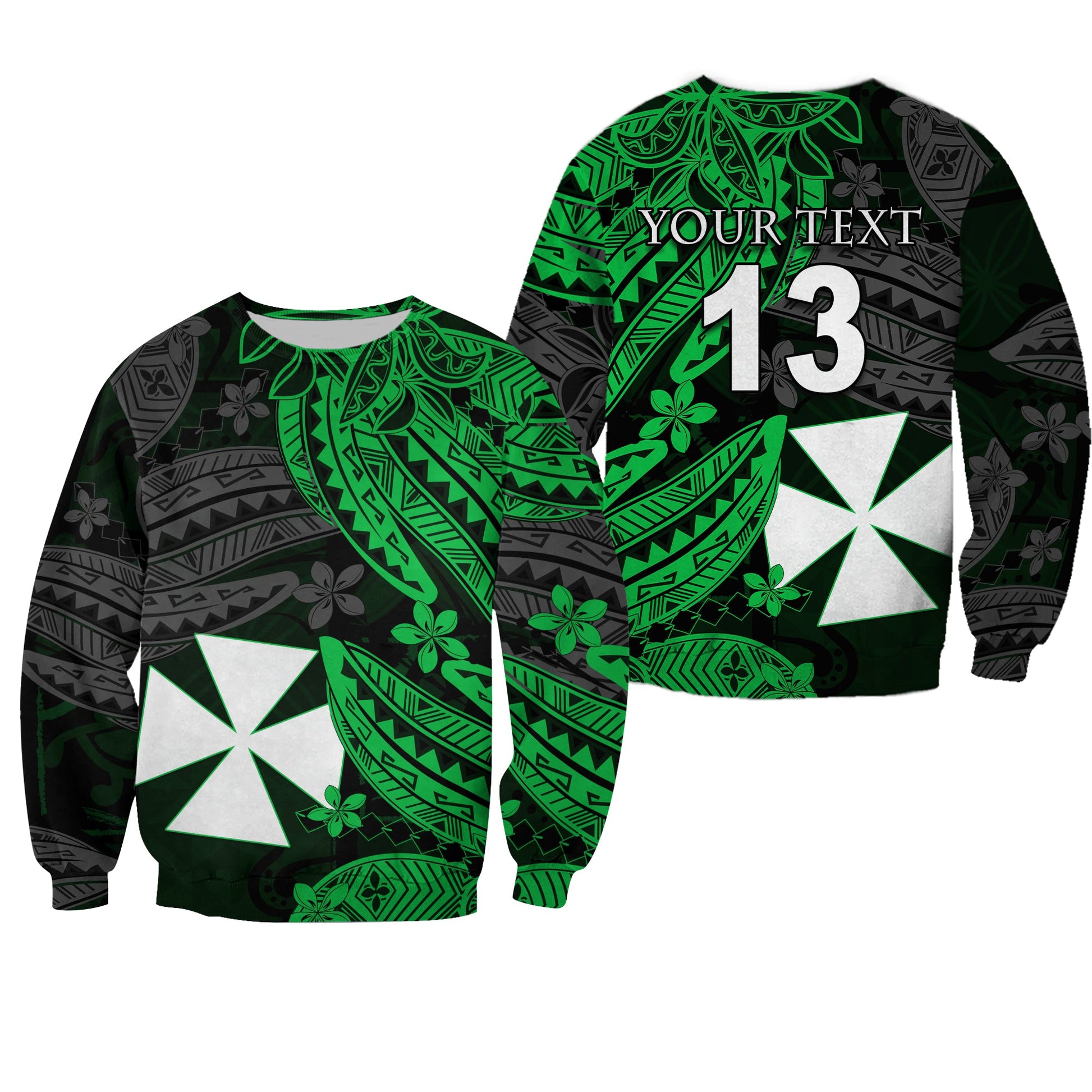 Custom Text and Number Wallis and Futuna Sweatshirt Enjoy Polynesian Flowers Version Green
