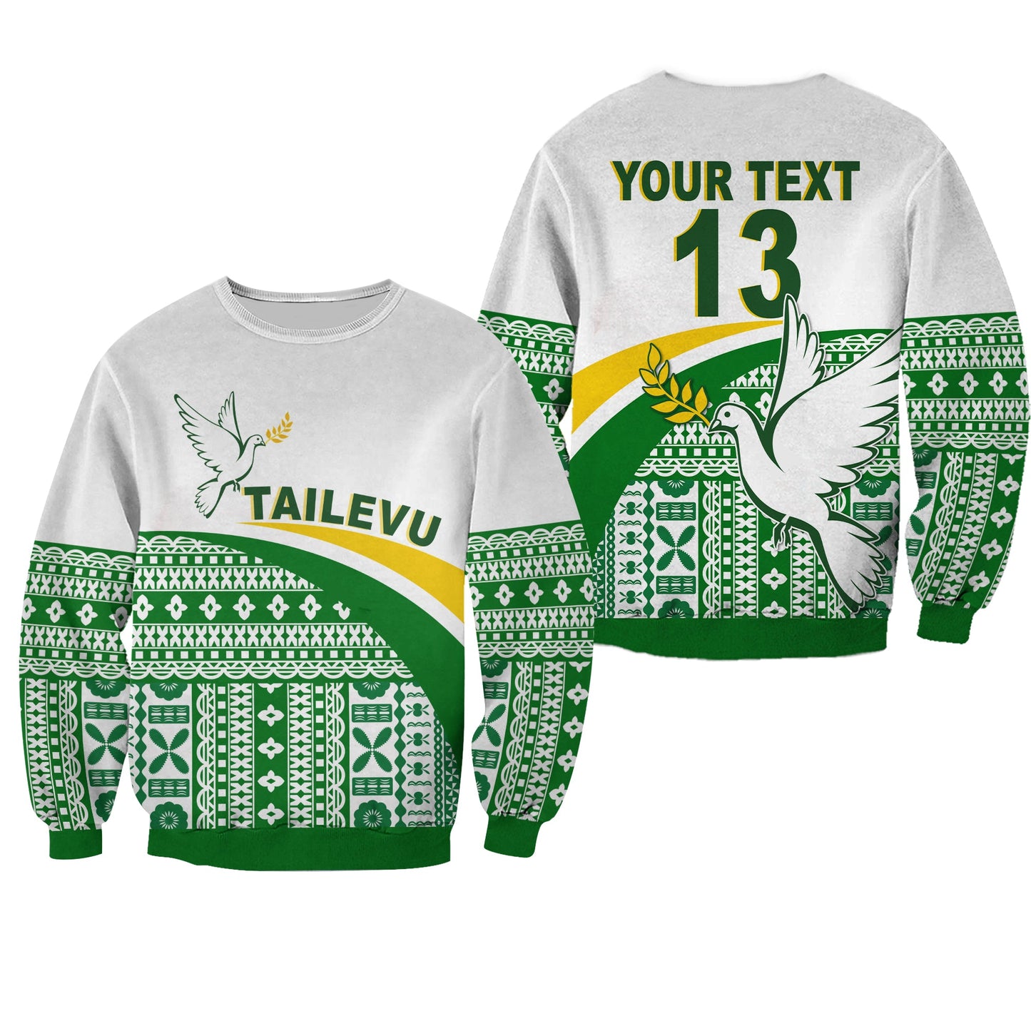 Custom Text and Number Tailevu Rugby Sweatshirt Fiji Rugby Tapa Pattern White