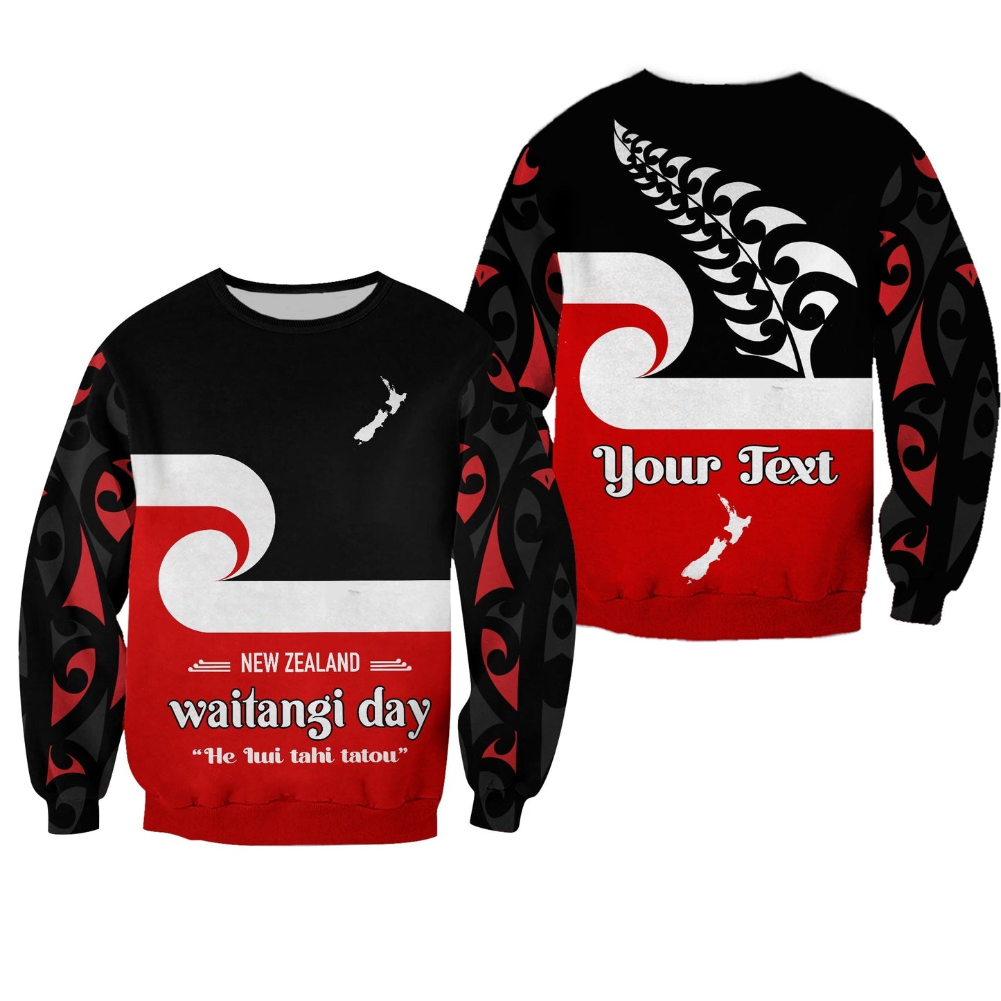 Custom Personalised Waitangi Day Sweatshirt Maori Fern and Tino Rangatiratanga Flag